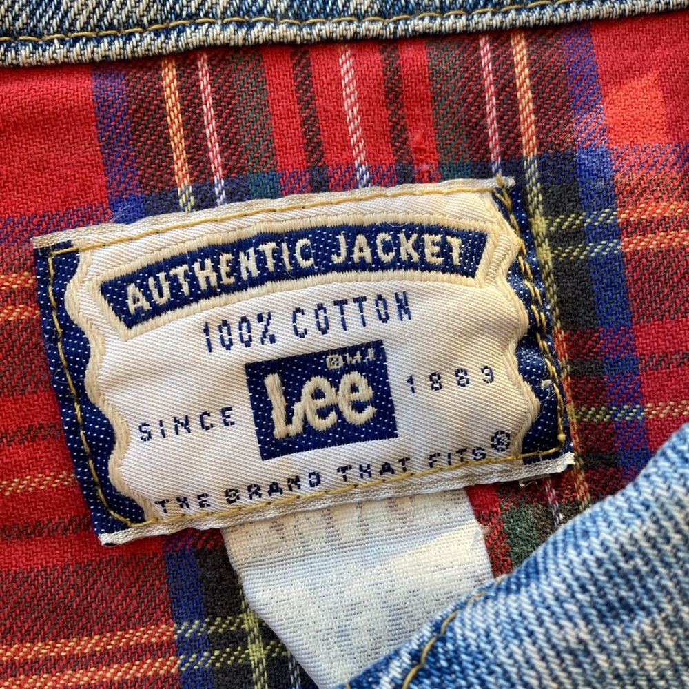 Vintage Lee Trucker Biker Denim Vest Lined Red Plaid Flannel Button Front Y2K - Picture 3 of 9